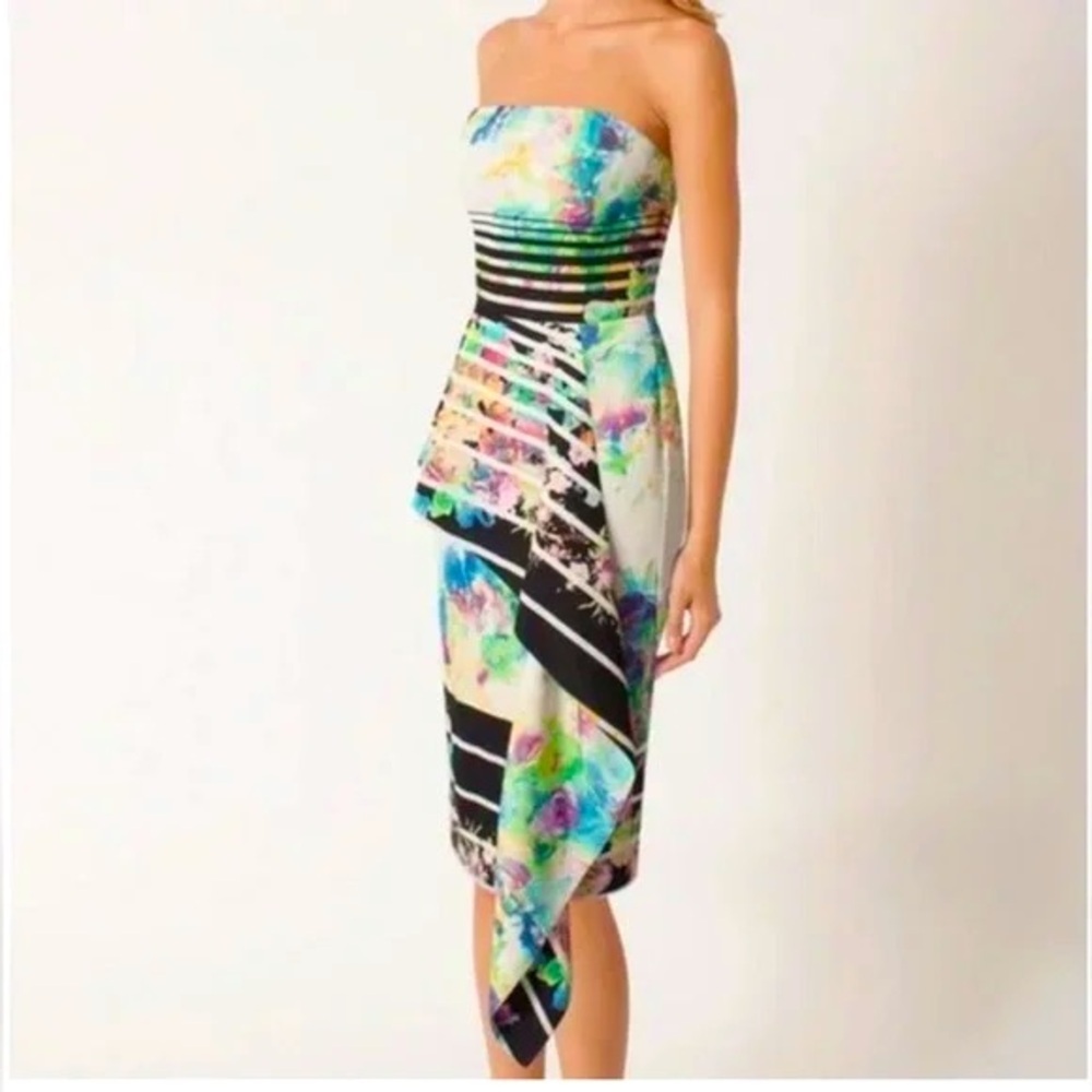 Black Halo Size 6 Small Cocktail Dress Blythe Floral Stripe Ruffle Strapless